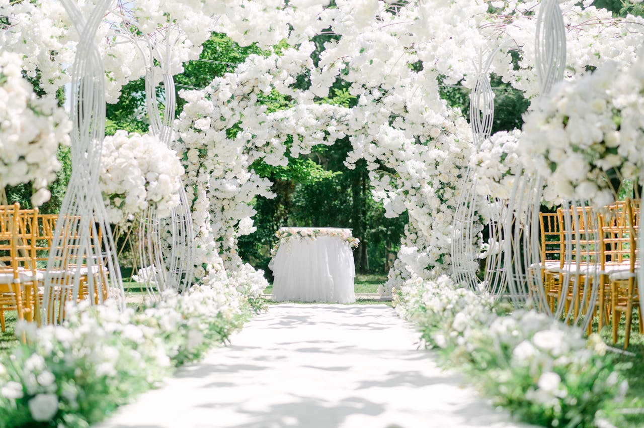 Crafting Captivating Headlines: Your awesome post title goes here An elegant outdoor wedding venue setup with white floral arches and chairs.